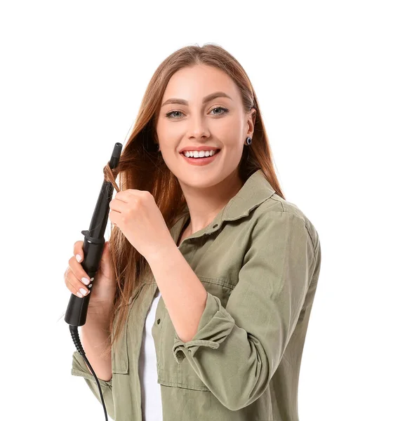 Young Woman Curling Iron White Background — Stock Photo, Image