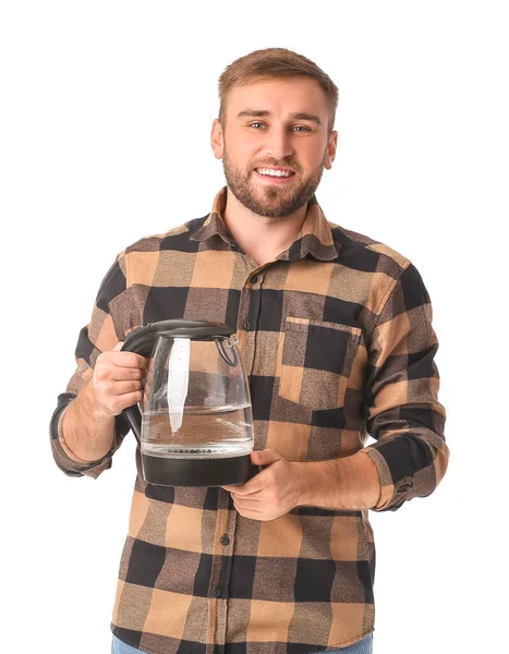 Young Man Electric Kettle White Background — Stock Photo, Image