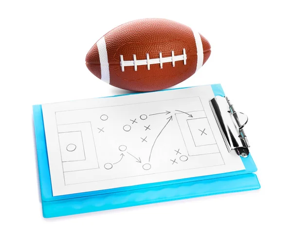 Rugby ball with scheme of football game on white background