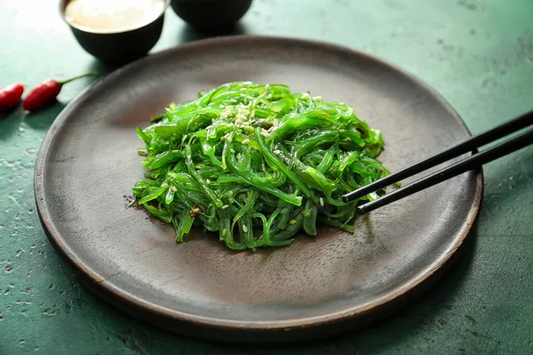 Plate Tasty Seaweed Salad Table Closeup — Stock Photo, Image