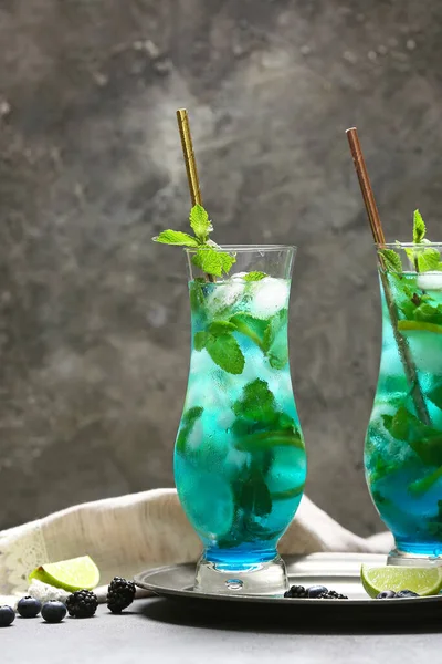 Glasses Tasty Blue Mojito Cocktail Grey Background — Stock Photo, Image