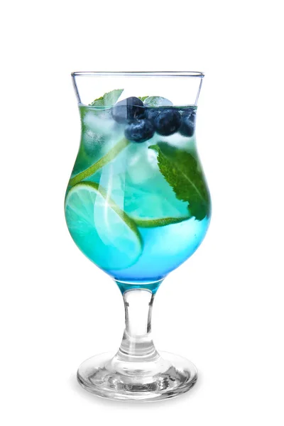 Glas Smakelijke Blauwe Mojito Cocktail Witte Achtergrond — Stockfoto