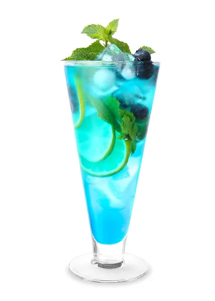 Glas Smakelijke Blauwe Mojito Cocktail Witte Achtergrond — Stockfoto