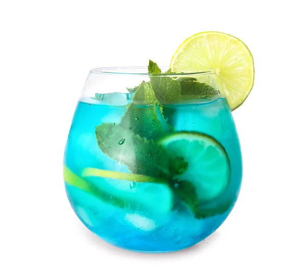 Glass Tasty Blue Mojito Cocktail White Background — Stock Photo, Image