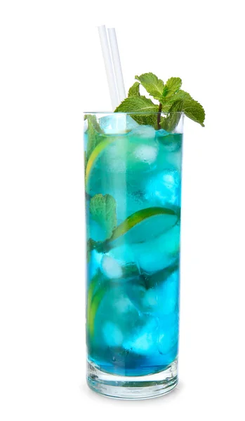 Copa Sabroso Cóctel Mojito Azul Sobre Fondo Blanco — Foto de Stock