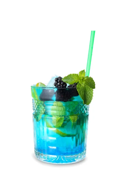 Glass Tasty Blue Mojito Cocktail White Background — Stock Photo, Image
