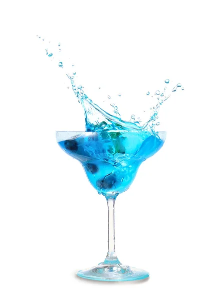 Glass Tasty Blue Mojito Cocktail Splashes White Background — Stock Photo, Image