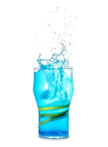 Glass Tasty Blue Mojito Cocktail Splashes White Background — Stock Photo, Image