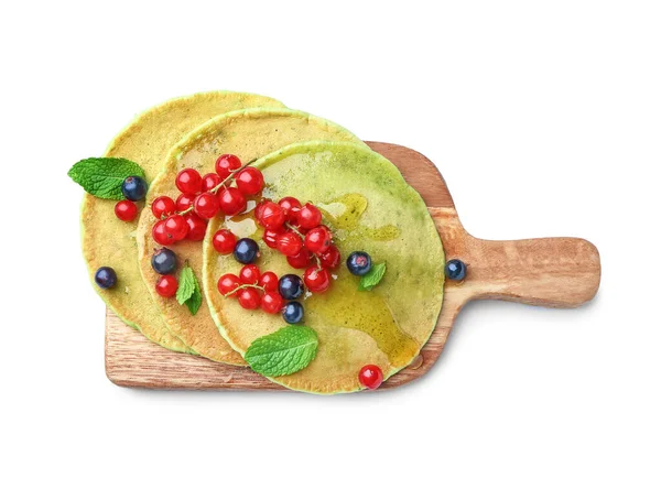 Board Tasty Green Pancakes Berries White Background — Stock Photo, Image