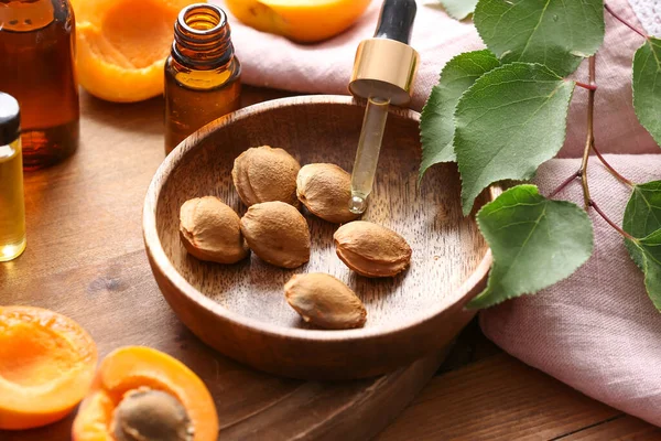 Bottles Apricot Essential Oil Table — Stock Photo, Image