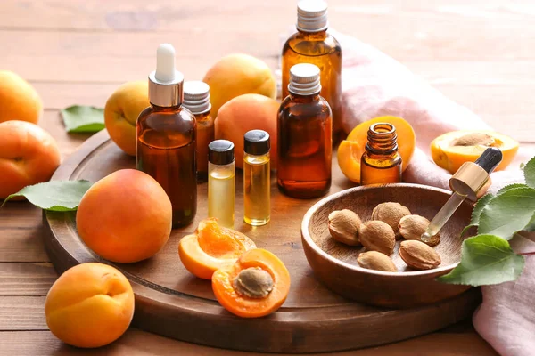 Bottles Apricot Essential Oil Table — Stock Photo, Image