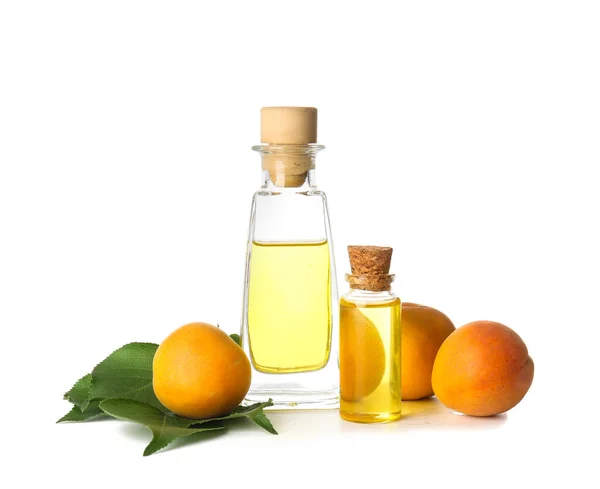 Bottles Apricot Essential Oil White Background — Stock Photo, Image
