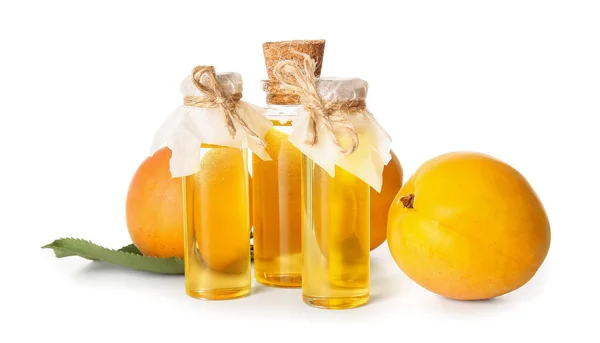 Bottles Apricot Essential Oil White Background — Stock Photo, Image