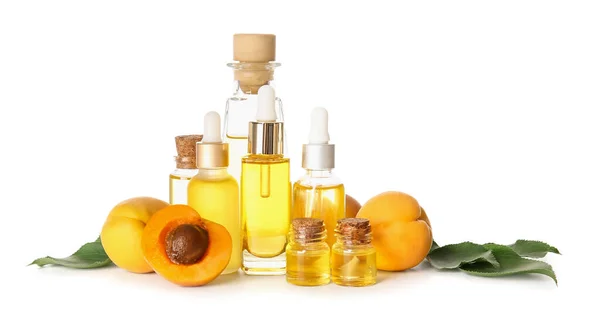 Bottles Apricot Essential Oil White Background — Stock Photo, Image