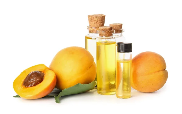Bottles Apricot Essential Oil White Background — Stock Photo, Image