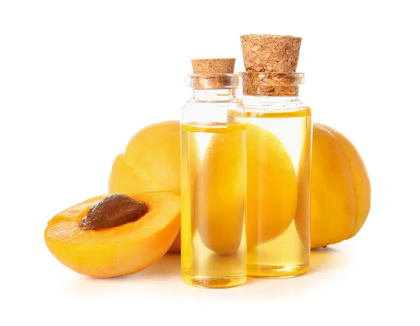 Bottles Apricot Essential Oil White Background — Stock Photo, Image