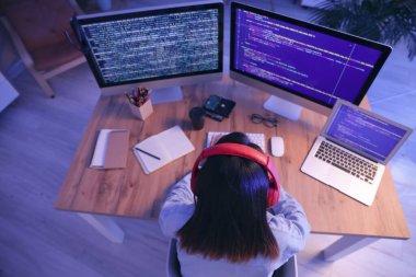 Geceleri ofiste çalışan kadın programcı.