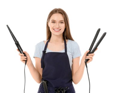 Beyaz arka planda kadın kuaför