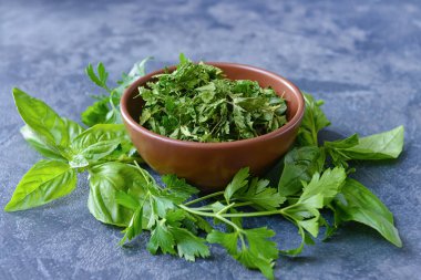 Koyu arkaplanda kuru maydanozlu kase