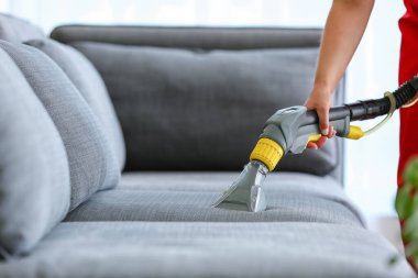 Kuru temizlemecinin çalışanı evdeki kanepedeki kiri temizliyor.