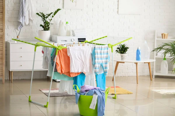 Clean Clothes Hanging Dryer Laundry Room — Stock Photo, Image