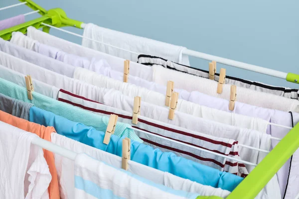 Clean Clothes Hanging Dryer Color Background Closeup — Stock Photo, Image