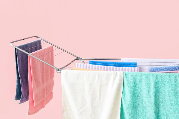 Clean Clothes Hanging Dryer Color Background — Stock Photo, Image
