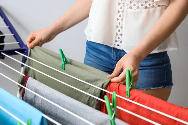 Woman Hanging Clean Clothes Dryer Closeup — Stock Photo, Image