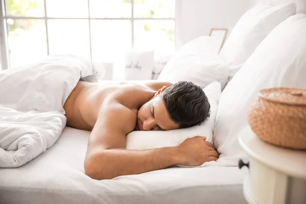 Handsome Naked Man Sleeping Bed — Stock Photo, Image