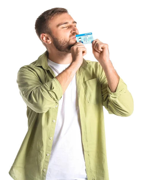 Happy Young Man Driving License White Background — Stock Photo, Image