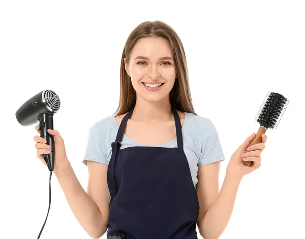 Weibliche Friseurin Auf Weißem Hintergrund — Stockfoto