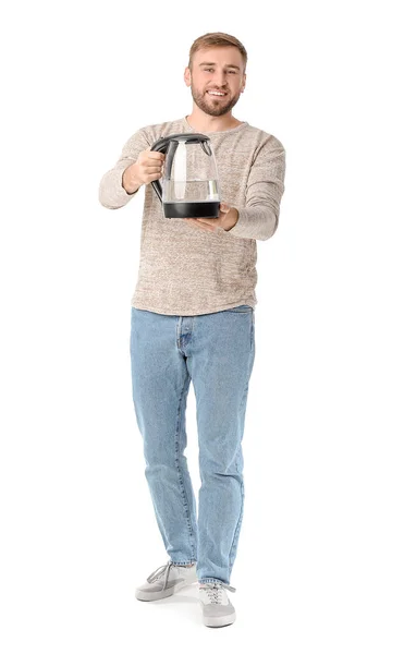 Молодой Человек Электрическим Чайником Белом Фоне — стоковое фото