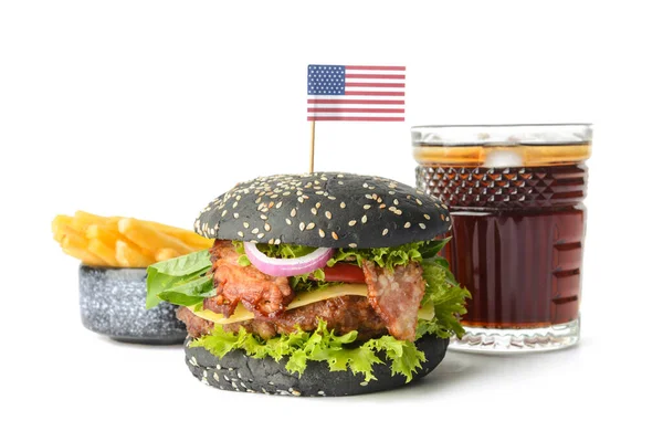 Tasty Burger Black Bun French Fries Cola Drink White Background — Stock Photo, Image