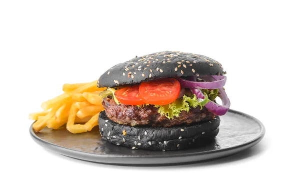 Tasty Burger Black Bun French Fries White Background — Stock Photo, Image