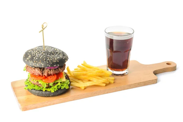 Tasty Burger Black Bun French Fries Cola Drink White Background — Stock Photo, Image