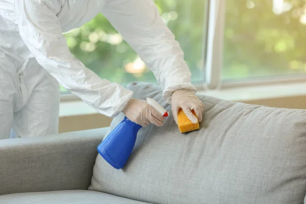 Worker Biohazard Costume Removing Dirt Sofa House — Stock Photo, Image