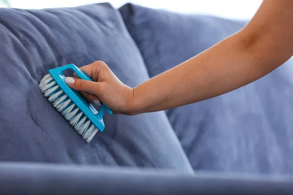 Woman Removing Dirt Sofa Home — Stock Photo, Image