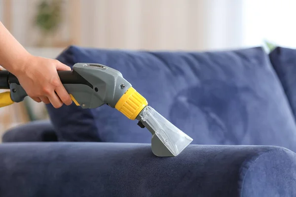 Woman Removing Dirt Sofa Home — Stock Photo, Image