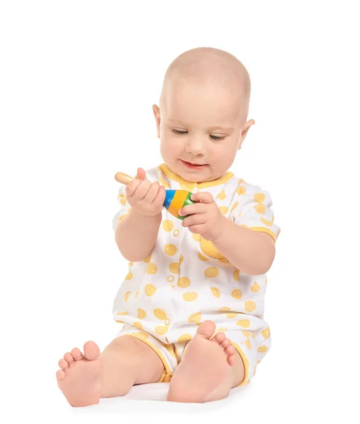 Retrato Bebê Pequeno Bonito Com Brinquedo Fundo Branco — Fotografia de Stock
