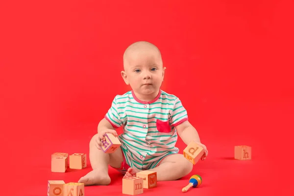 Portrait Cute Little Baby Cubes Color Background — Stock Photo, Image