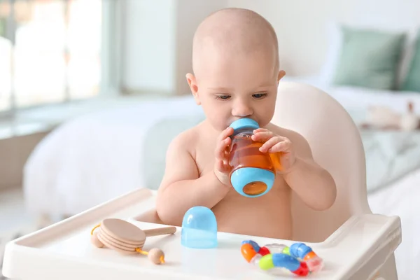 Cute Little Baby Drinking Juice Bottle Home — Stock Photo, Image