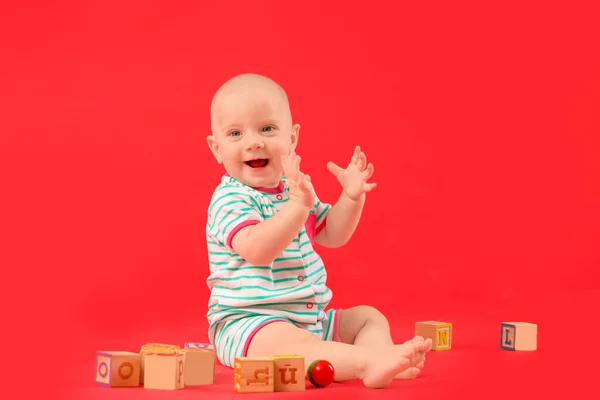 Portrait Cute Little Baby Cubes Color Background — Stock Photo, Image