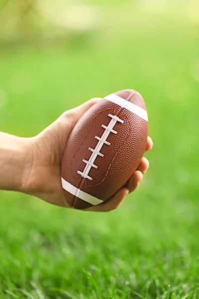 Male Hand Rugby Ball Outdoors — Stock Photo, Image