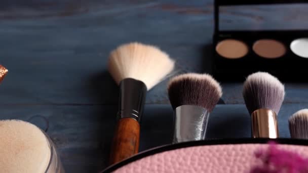 View Cosmetics Makeup Brushes Table Closeup — Stock Video