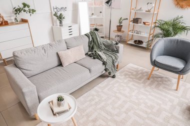 Rahat mobilyaları olan şık bir oturma odası.