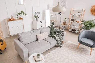 Rahat mobilyaları olan şık bir oturma odası.