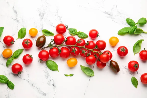 Fresh Cherry Tomatoes Basil Light Background — Stock Photo, Image