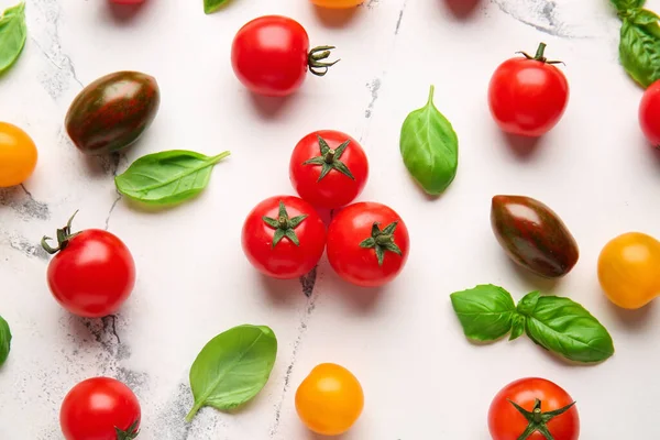 Fresh Cherry Tomatoes Basil Light Background — Stock Photo, Image