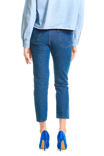 Mooie Jonge Vrouw Jeans Kleding Witte Achtergrond — Stockfoto