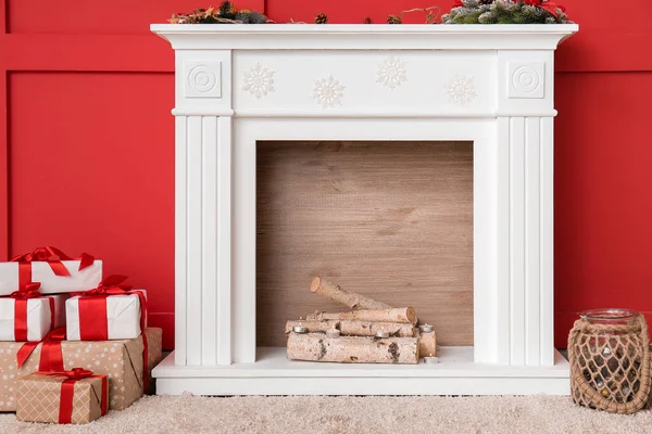 Interior Modern Room Fireplace Christmas Eve — Stock Photo, Image